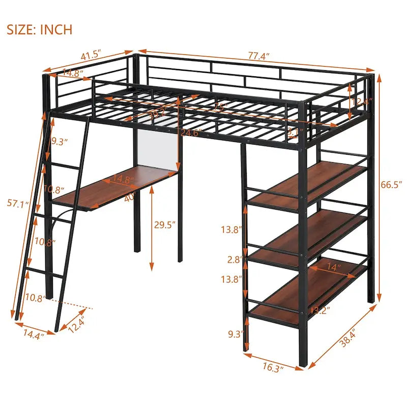Twin Size Loft Metal Bed with 3 Layers of Shelves and Desk