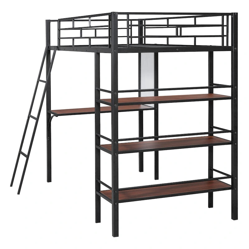 Twin Size Loft Metal Bed with 3 Layers of Shelves and Desk