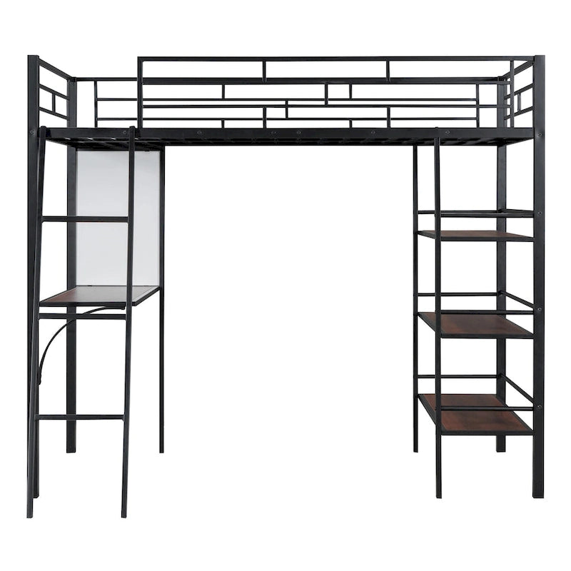 Twin Size Loft Metal Bed with 3 Layers of Shelves and Desk