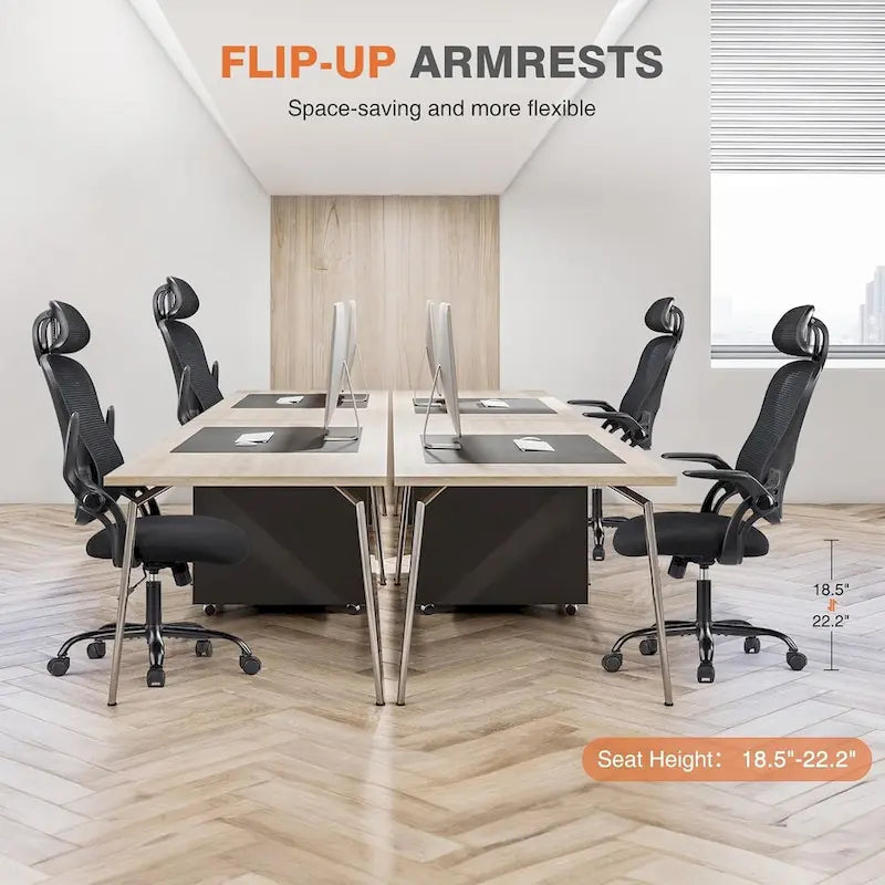 Office Computer Desk Chair, Ergonomic High-Back Mesh Rolling Work Chairs with Wheels Adjustable Headrests, Comfy Flip-up Arms