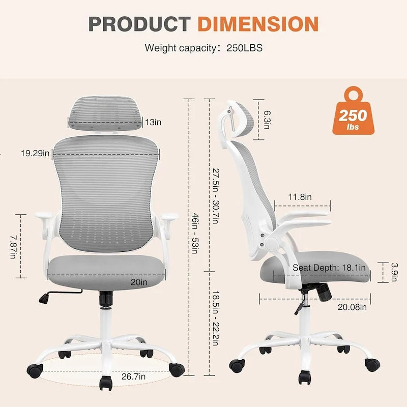 Office Computer Desk Chair, Ergonomic High-Back Mesh Rolling Work Chairs with Wheels Adjustable Headrests, Comfy Flip-up Arms