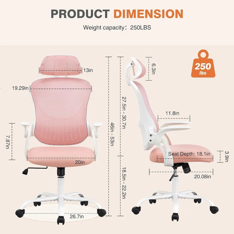 Office Computer Desk Chair, Ergonomic High-Back Mesh Rolling Work Chairs with Wheels Adjustable Headrests, Comfy Flip-up Arms