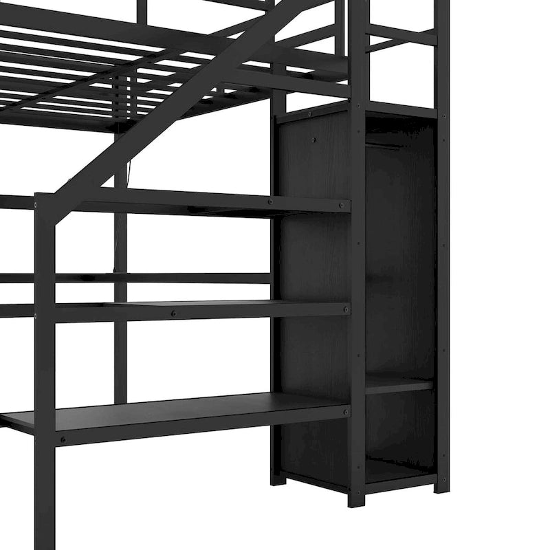Twin XL Size Metal Loft Bed with Wardrobe,Adjustable Shelf,L-shaped Desk and USB