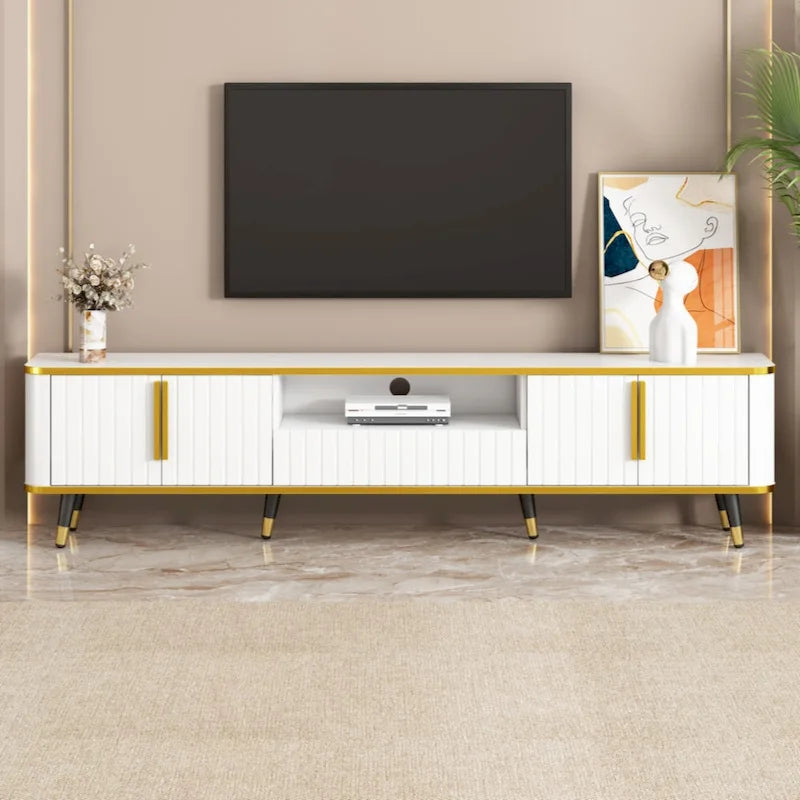 Luxury Minimalism TV Stand with Open Storage Shelf for TVs Up to 85, Entertainment Center with Cabinets and Drawers