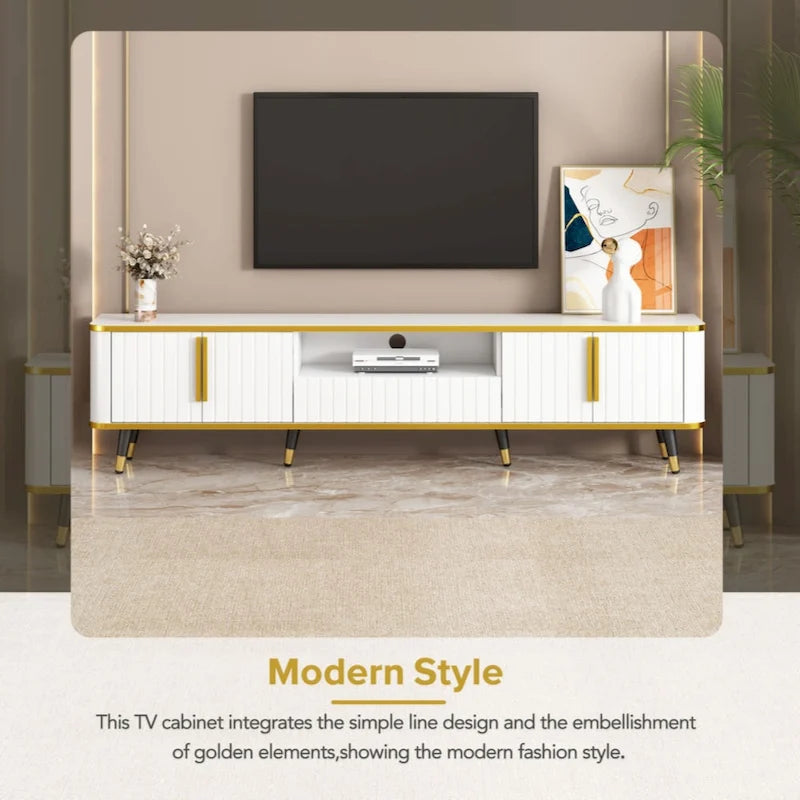 Luxury Minimalism TV Stand with Open Storage Shelf for TVs Up to 85, Entertainment Center with Cabinets and Drawers
