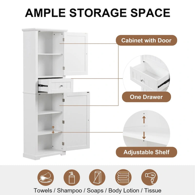 Tall Bathroom Storage Cabinet with Drawer and Adjustable Shelf