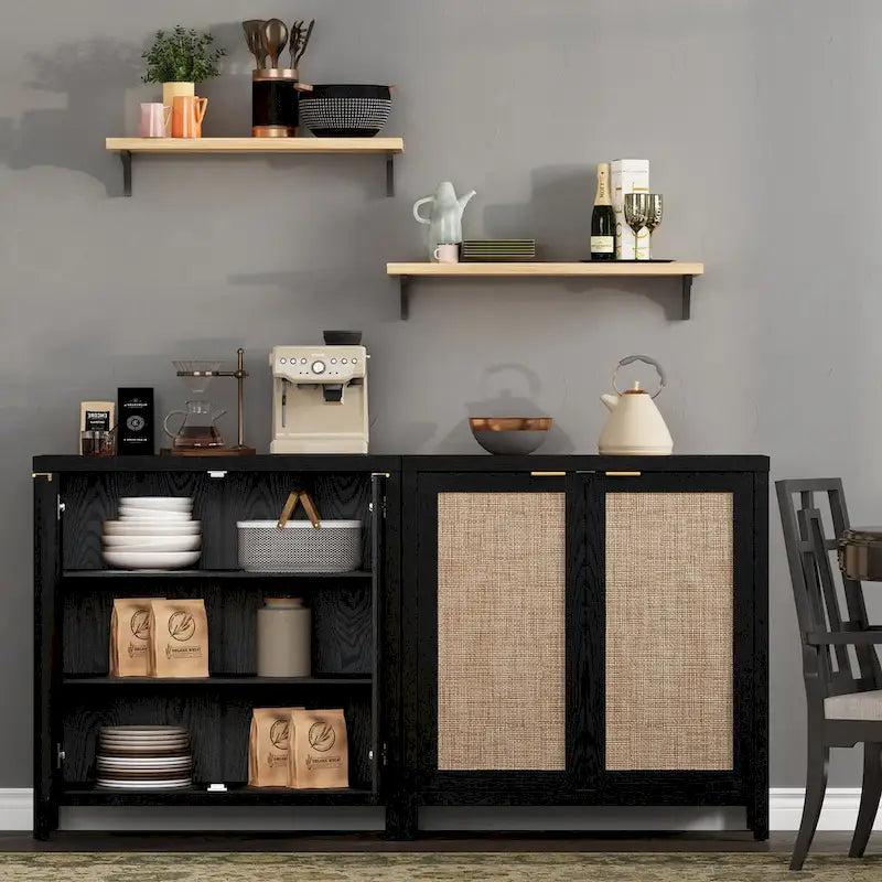 SICOTAS Rattan Sideboard Buffet Set of 2 with 2 Doors - N/A