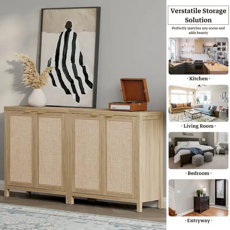 SICOTAS Rattan Sideboard Buffet Set of 2 with 2 Doors - N/A