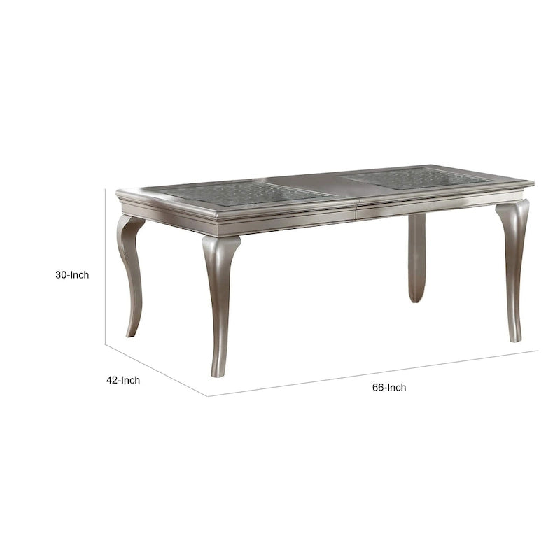 Reme 66-84 Inch Dining Table, 6 Seater Extendable, Glass Silver Wood