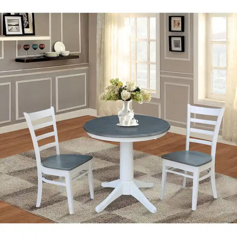 30 Round Top Pedestal Table with 2 Emily Chairs in White and Heather Gray