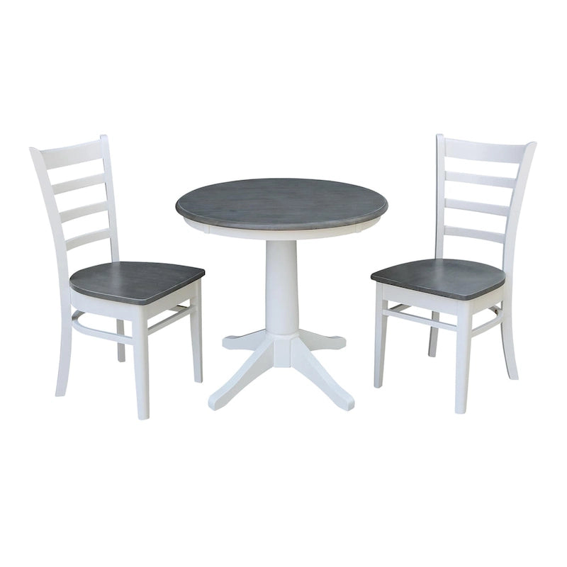 30 Round Top Pedestal Table with 2 Emily Chairs in White and Heather Gray