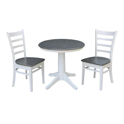 30 Round Top Pedestal Table with 2 Emily Chairs in White and Heather Gray