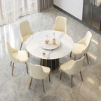 53 White Sintered Stone Round Dining Table with Lazy Susan - N/A