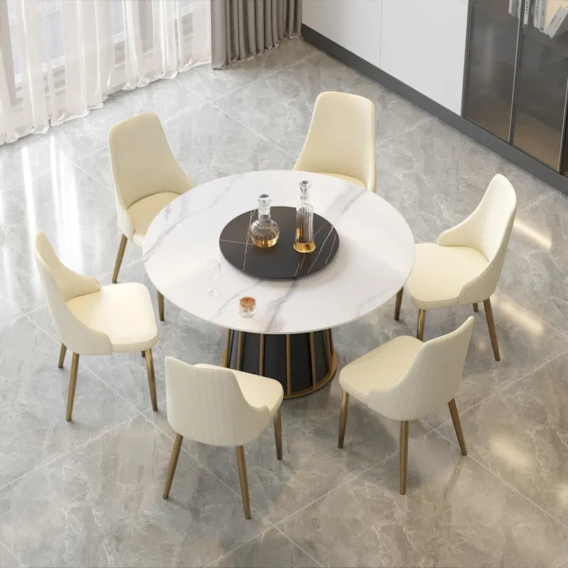 53 White Sintered Stone Round Dining Table with Lazy Susan - N/A