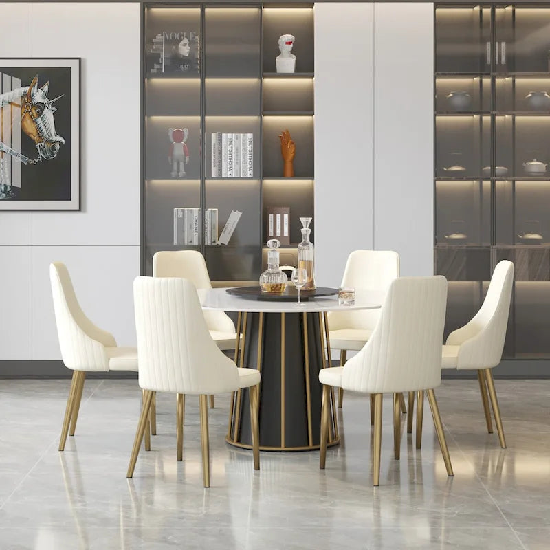 53 White Sintered Stone Round Dining Table with Lazy Susan - N/A