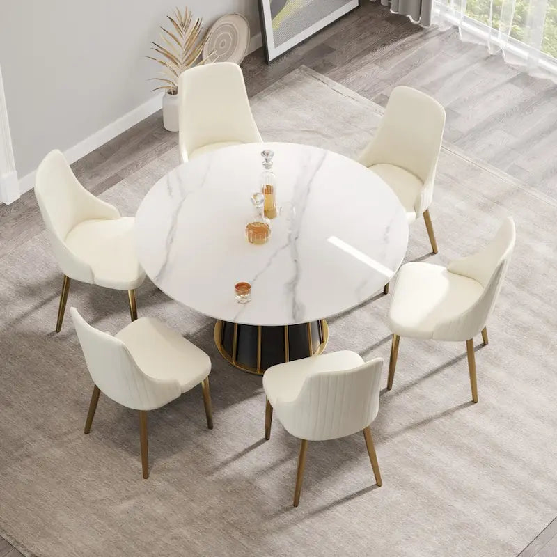 53 White Sintered Stone Round Dining Table with Lazy Susan - N/A