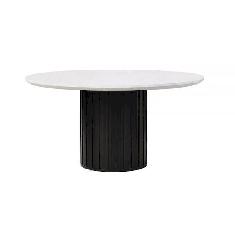 Jerry 54 Inch Dining Table, Round Faux Marble Top, Black Pedestal Base
