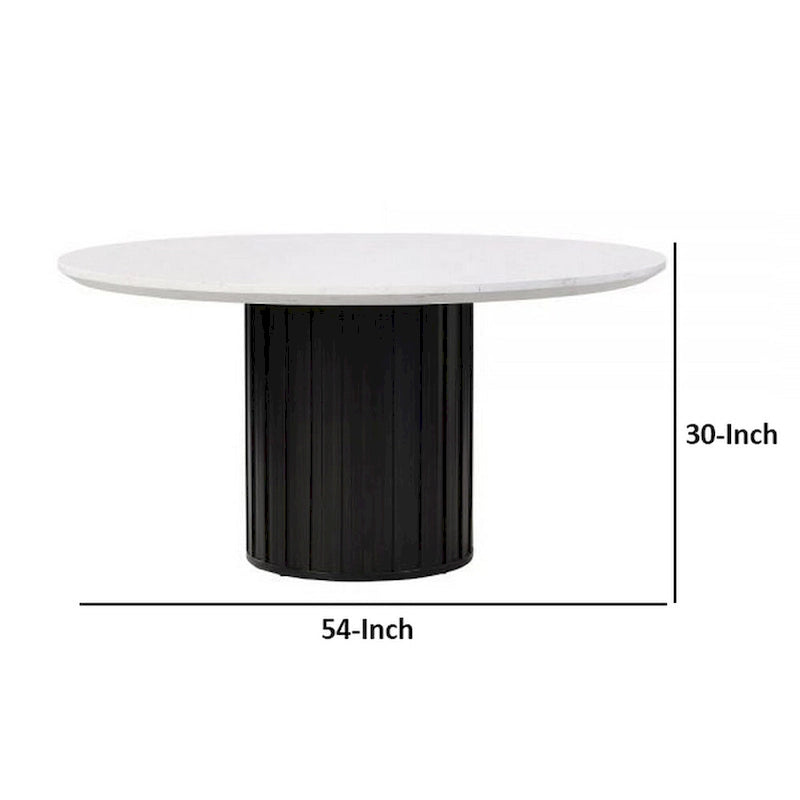 Jerry 54 Inch Dining Table, Round Faux Marble Top, Black Pedestal Base