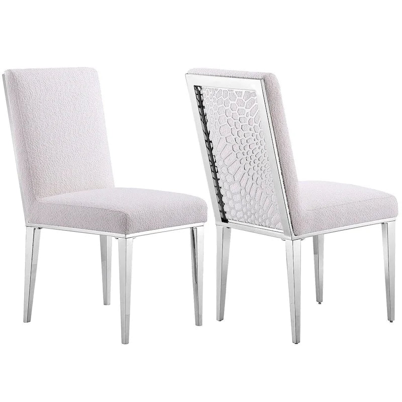 Luxurious White Boucle Dining Chairs with Mirrored Silver Metal Legs