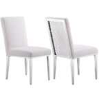 Luxurious White Boucle Dining Chairs with Mirrored Silver Metal Legs