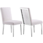 Luxurious White Boucle Dining Chairs with Mirrored Silver Metal Legs