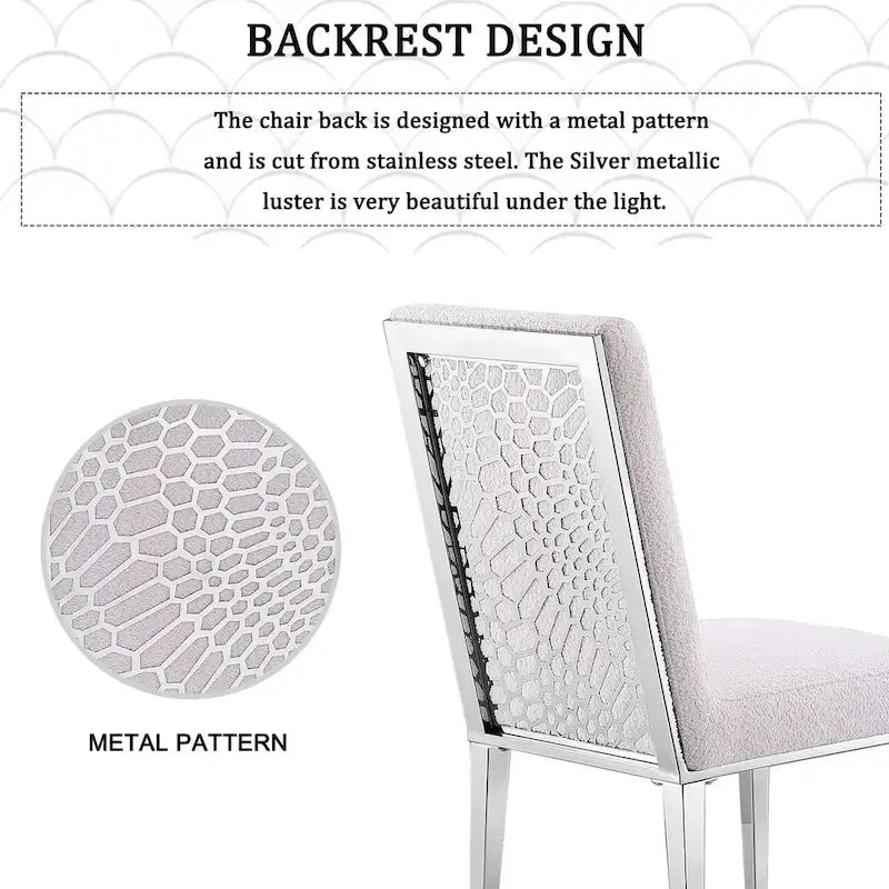 Luxurious White Boucle Dining Chairs with Mirrored Silver Metal Legs