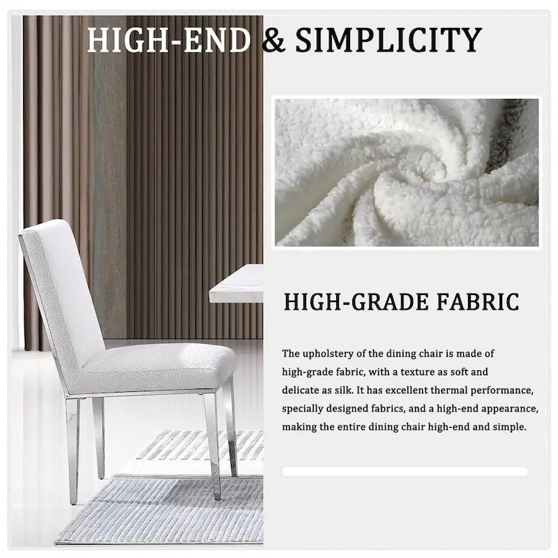 Luxurious White Boucle Dining Chairs with Mirrored Silver Metal Legs