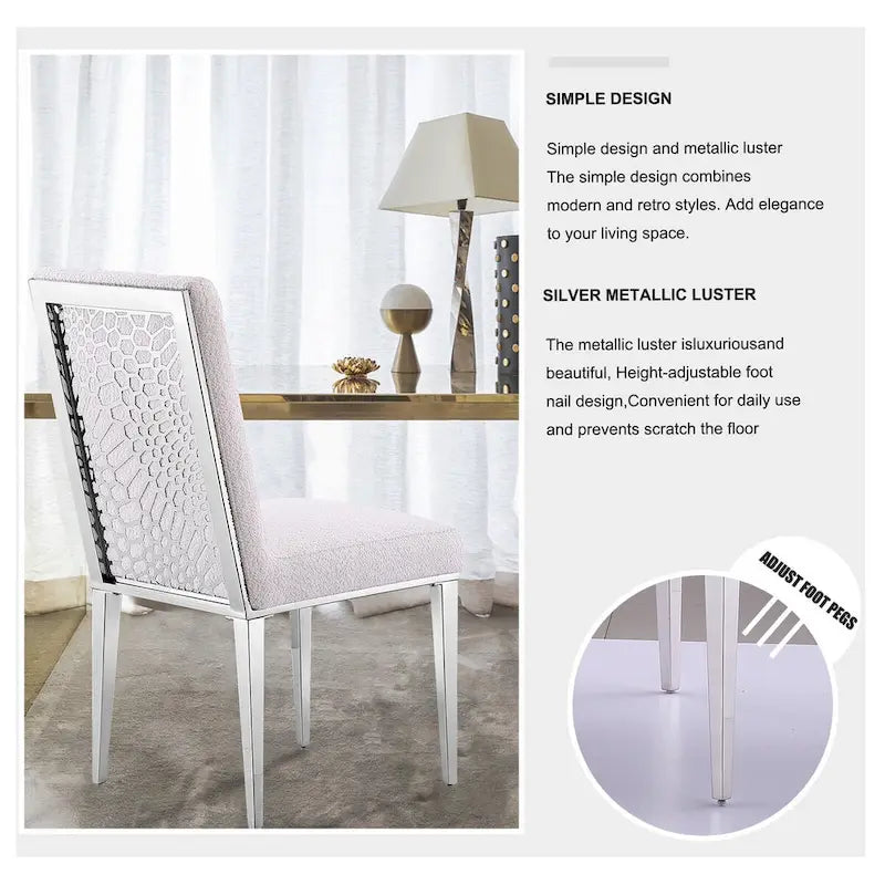 Luxurious White Boucle Dining Chairs with Mirrored Silver Metal Legs
