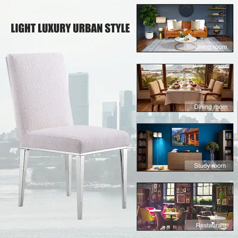Luxurious White Boucle Dining Chairs with Mirrored Silver Metal Legs