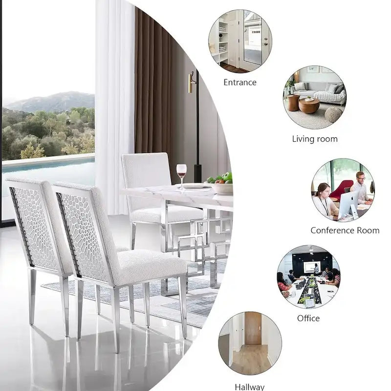 Luxurious White Boucle Dining Chairs with Mirrored Silver Metal Legs