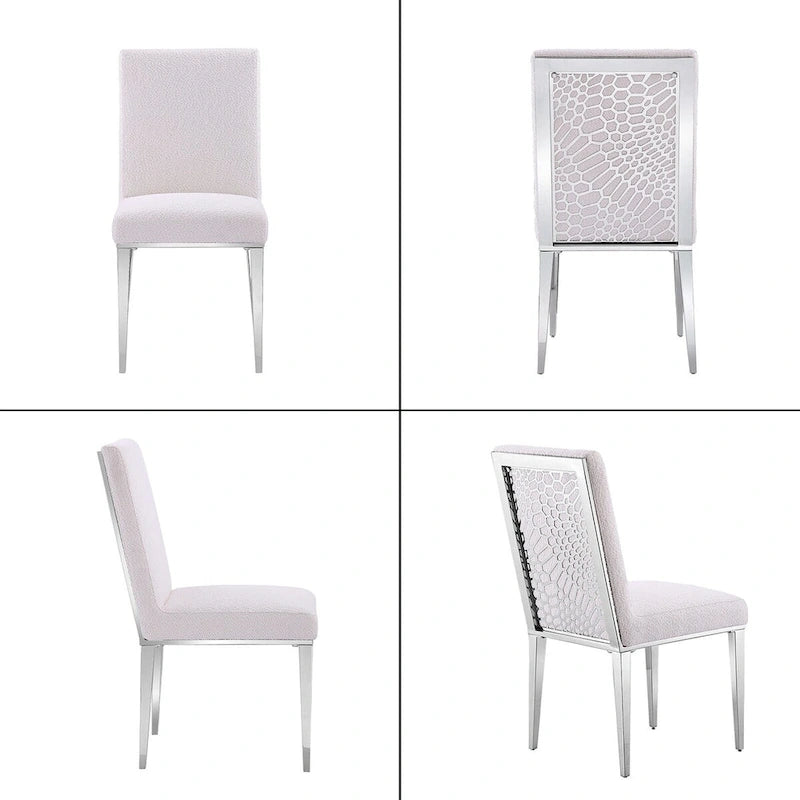 Luxurious White Boucle Dining Chairs with Mirrored Silver Metal Legs
