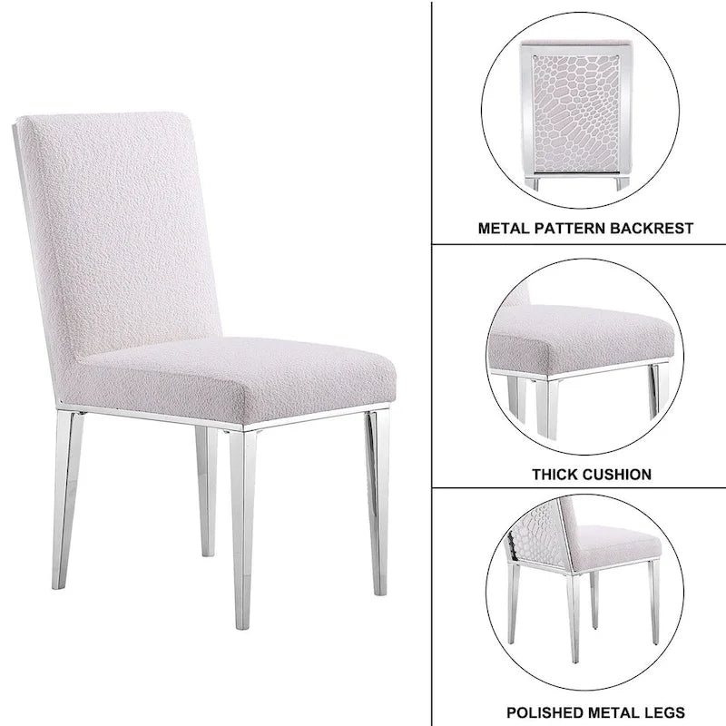 Luxurious White Boucle Dining Chairs with Mirrored Silver Metal Legs