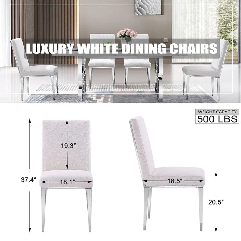 Luxurious White Boucle Dining Chairs with Mirrored Silver Metal Legs