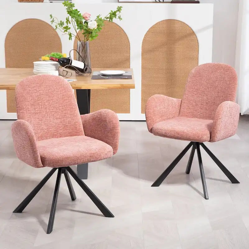Beacher Pink Linen Fabric Dining Chair with Black Accent Iron Legs