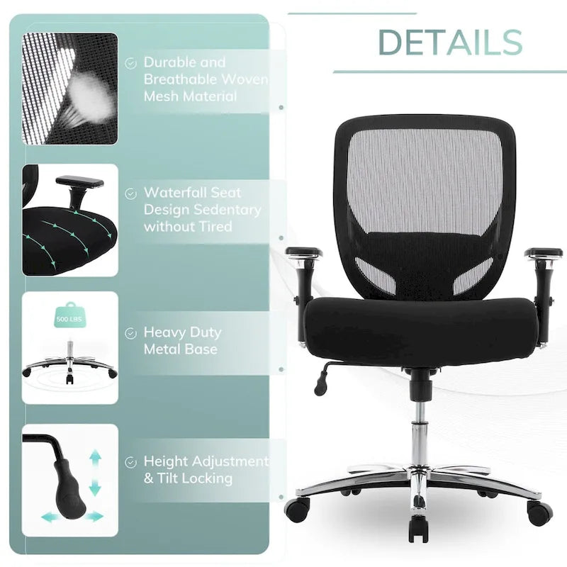 Big and Tall Heavy Duty Ergonomic Mesh Office Chair 500lbs with Wide Thick Seat