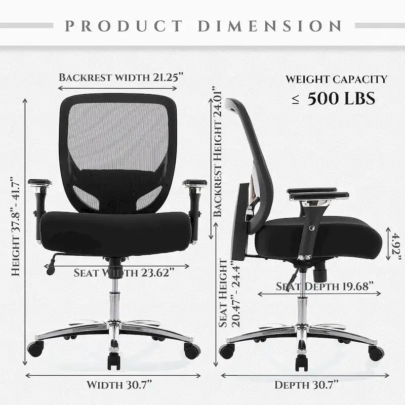 Big and Tall Heavy Duty Ergonomic Mesh Office Chair 500lbs with Wide Thick Seat