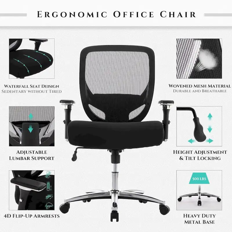 Big and Tall Heavy Duty Ergonomic Mesh Office Chair 500lbs with Wide Thick Seat