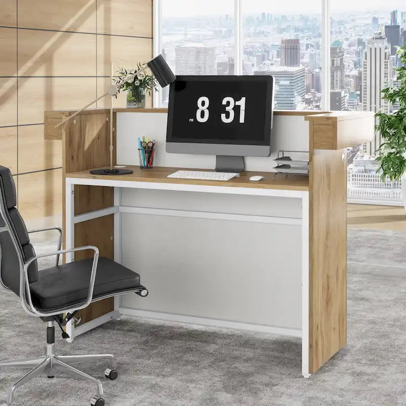 Reception Desk with Light, Modern Front Desk with 2 Grommets