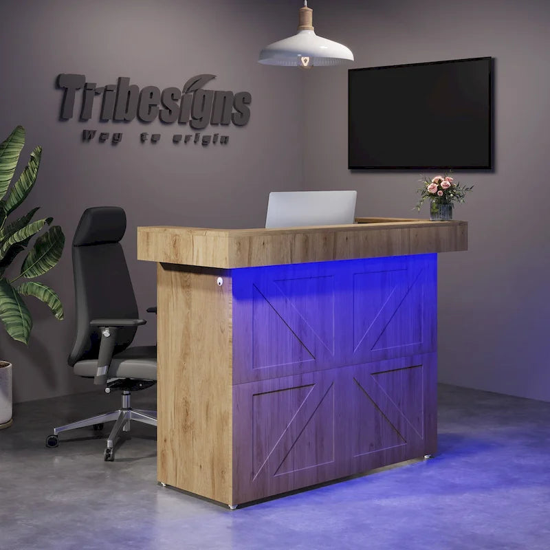 Reception Desk with Light, Modern Front Desk with 2 Grommets
