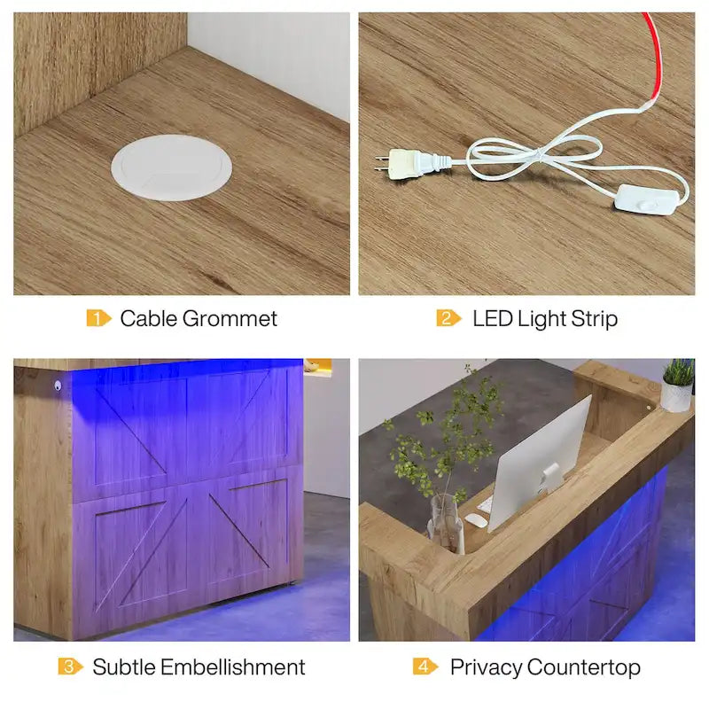 Reception Desk with Light, Modern Front Desk with 2 Grommets