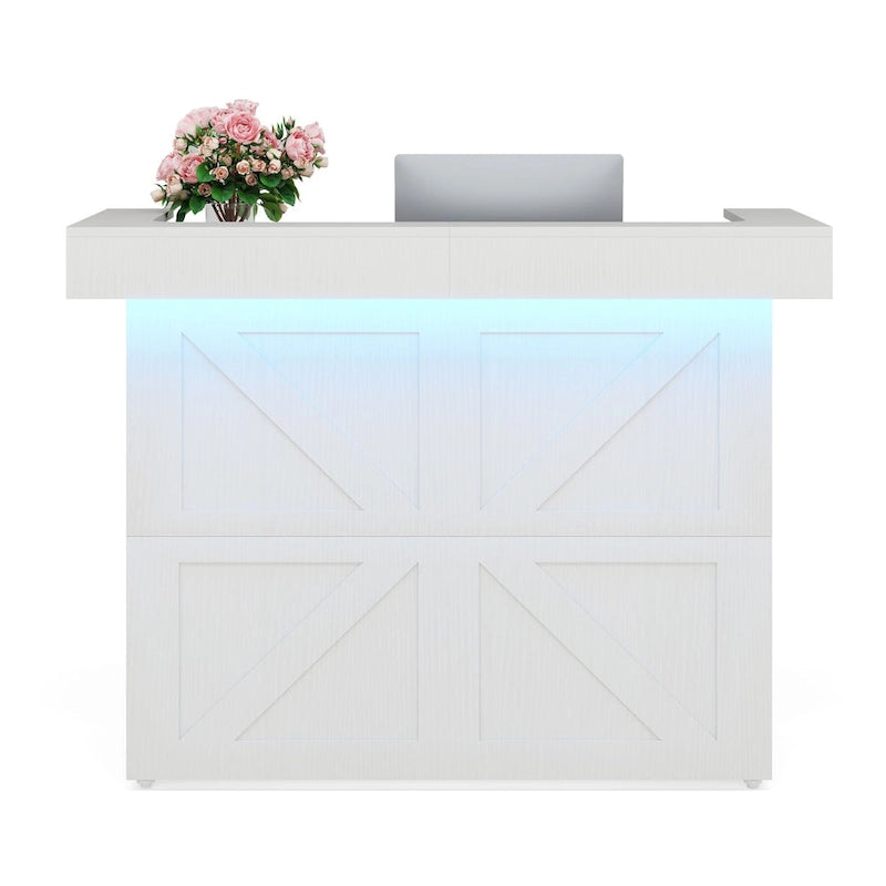 Reception Desk with Light, Modern Front Desk with 2 Grommets