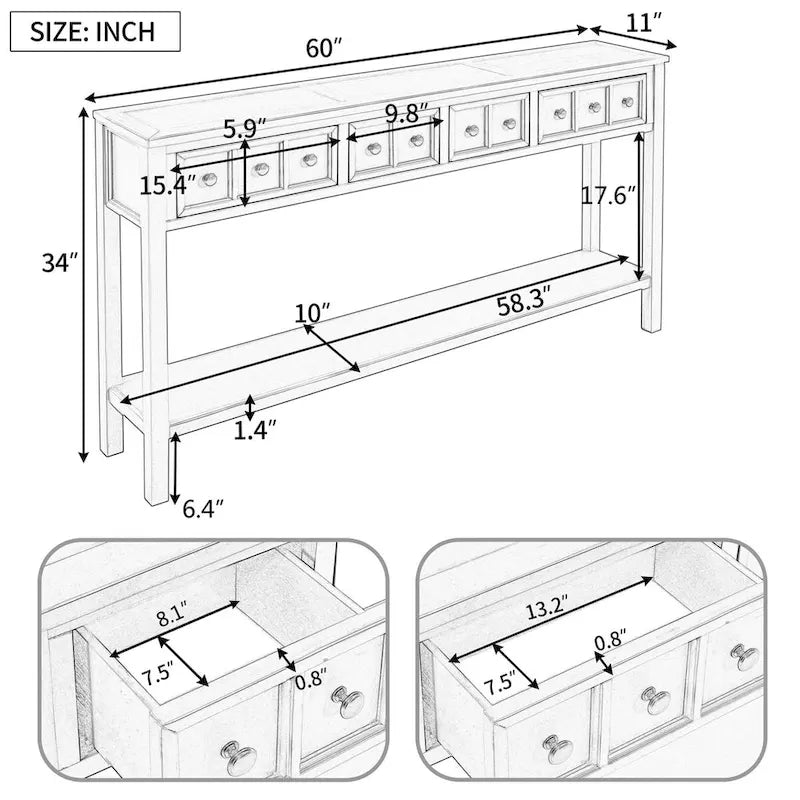 Cusp Barn Rustic Entryway Console Table, 60 Long Sofa Table with two Different Size Drawers and Bottom Shelf for Storage