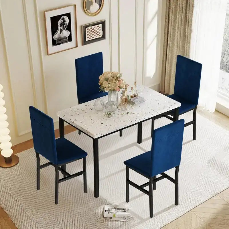 Modern 5 Piece Faux Marble Kitchen Dining Table Set for 4 with PU Leather Chairs, Dinette for Small Spaces, Breakfast Nook
