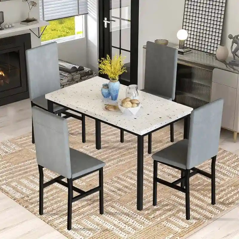 Modern 5 Piece Faux Marble Kitchen Dining Table Set for 4 with PU Leather Chairs, Dinette for Small Spaces, Breakfast Nook