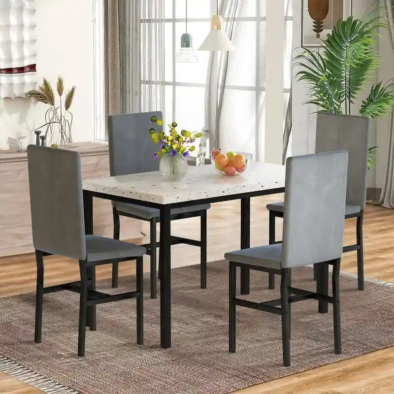 Modern 5 Piece Faux Marble Kitchen Dining Table Set for 4 with PU Leather Chairs, Dinette for Small Spaces, Breakfast Nook
