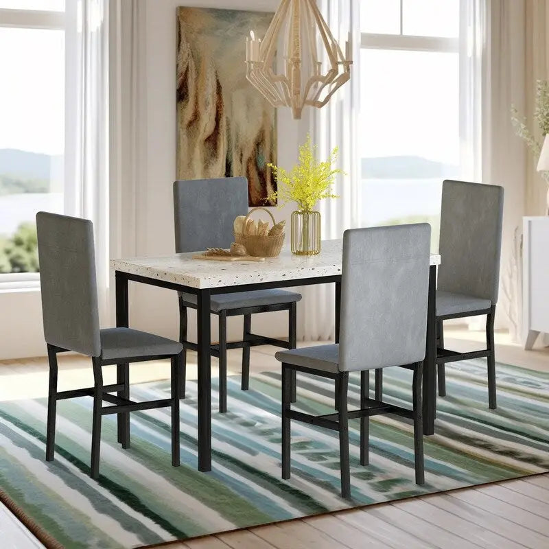 Modern 5 Piece Faux Marble Kitchen Dining Table Set for 4 with PU Leather Chairs, Dinette for Small Spaces, Breakfast Nook