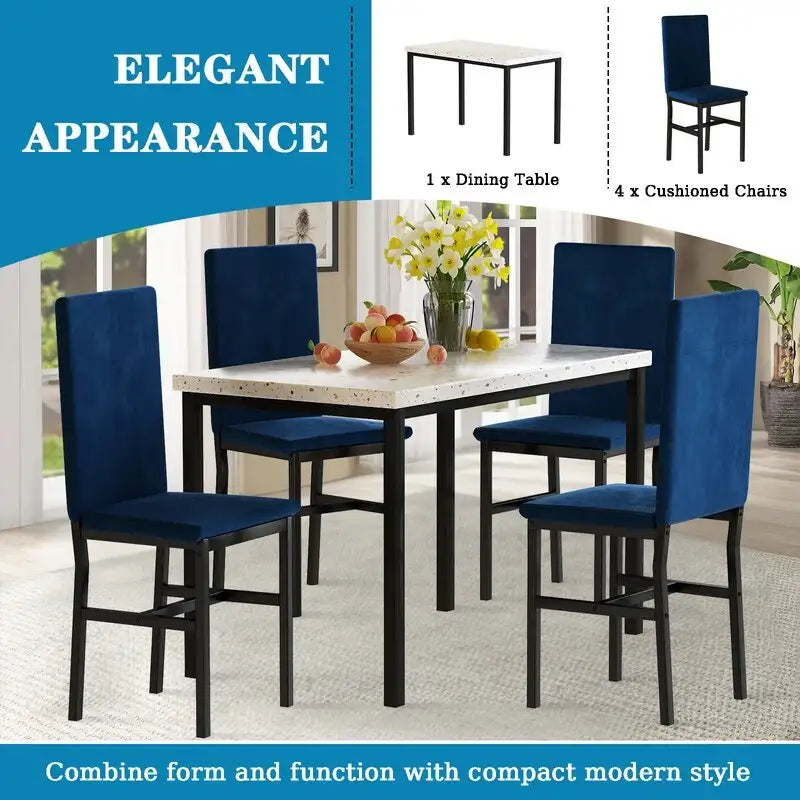 Modern 5 Piece Faux Marble Kitchen Dining Table Set for 4 with PU Leather Chairs, Dinette for Small Spaces, Breakfast Nook