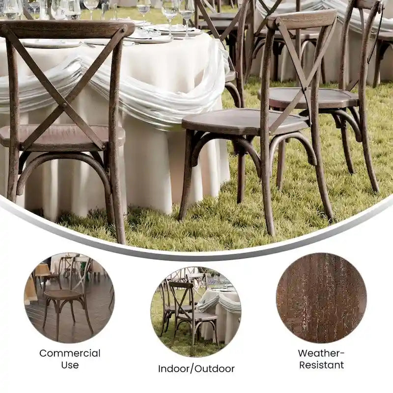 Indoor/Outdoor Commercial Grade Wood Look Resin Cross Back Chair - 19.25W x 19.75D x 35.25H