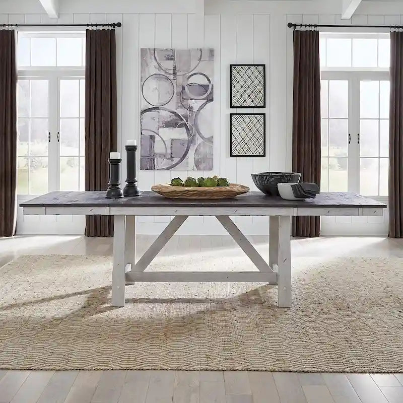 Farmhouse Two Tone Distressed White & Wood Trestle Table