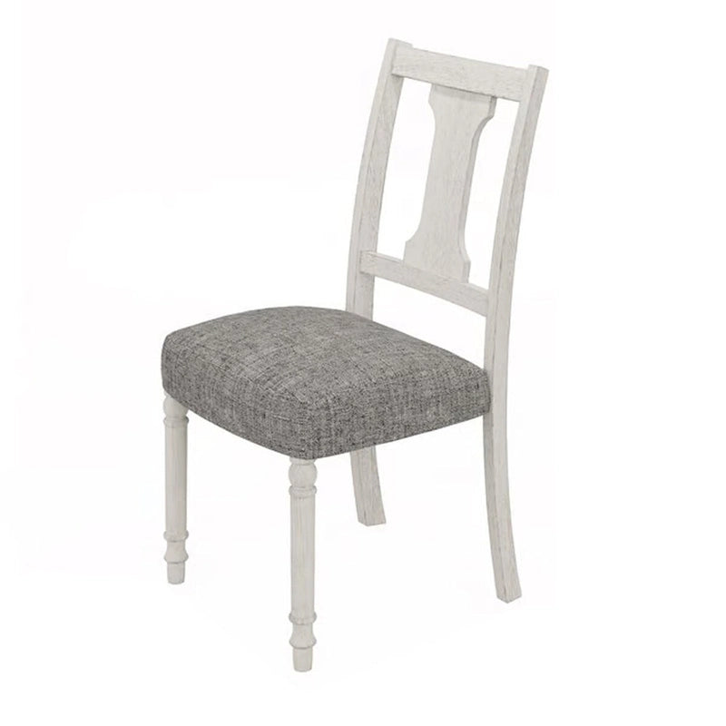 Sane 19 Inch Dining Side Chair Set of 2, Fiddleback, White Wood, Gray Linen